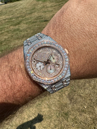 Pre-owned Hip Hop Real Moissanite Mens Watch 14k Rose Gold Two Tone Iced Skeleton Back