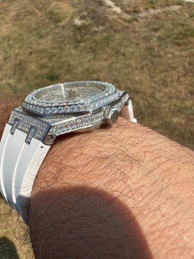 Pre-owned Hip Hop Real Moissanite Mens Watch Iced Skeleton Back 44mm  - White Silicone Band
