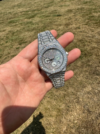 Pre-owned Hip Hop Real Moissanite Mens Watch Iced Skeleton Back 44mm  Passes Diamond Tester