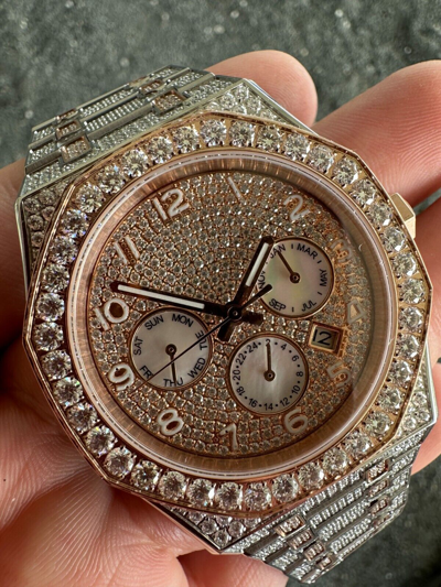 Pre-owned Hip Hop Real Moissanite Mens Watch 14k Rose Gold Two Tone Iced Skeleton Back