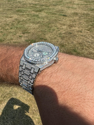 Pre-owned Hip Hop Real Moissanite Mens Watch Iced Skeleton Back 44mm  Passes Diamond Tester