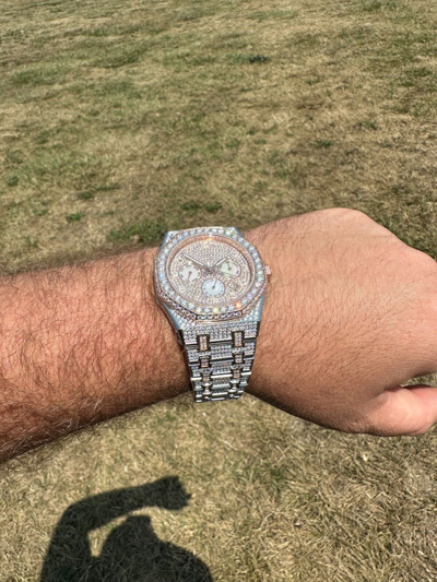 Pre-owned Hip Hop Real Moissanite Mens Watch 14k Rose Gold Two Tone Iced Skeleton Back