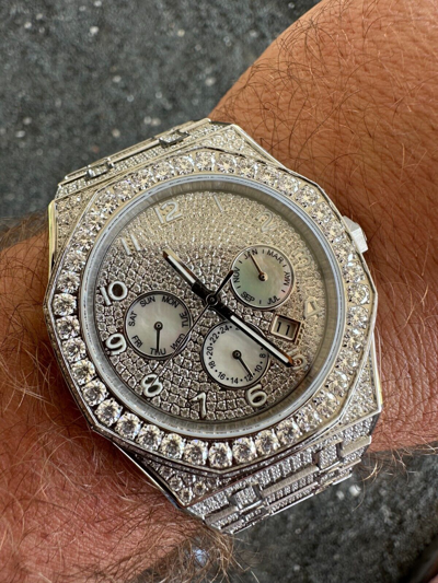 Pre-owned Hip Hop Real Moissanite Mens Watch Iced Skeleton Back 44mm  Passes Diamond Tester