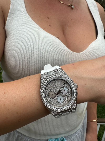 Pre-owned Hip Hop Real Moissanite Mens Watch Iced Skeleton Back 44mm  - White Silicone Band