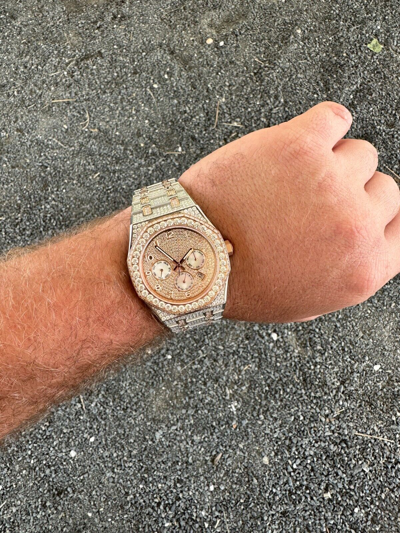 Pre-owned Hip Hop Real Moissanite Mens Watch 14k Rose Gold Two Tone Iced Skeleton Back