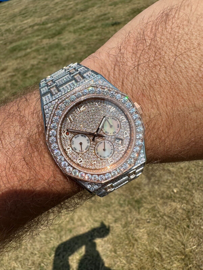 Pre-owned Hip Hop Real Moissanite Mens Watch 14k Rose Gold Two Tone Iced Skeleton Back
