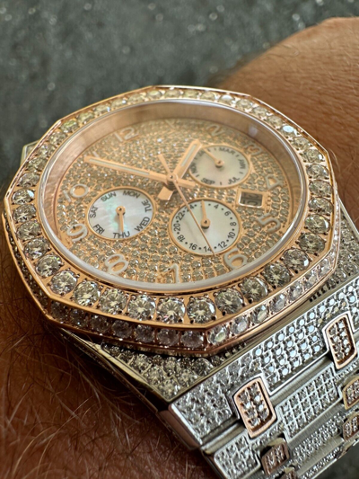 Pre-owned Hip Hop Real Moissanite Mens Watch 14k Rose Gold Two Tone Iced Skeleton Back