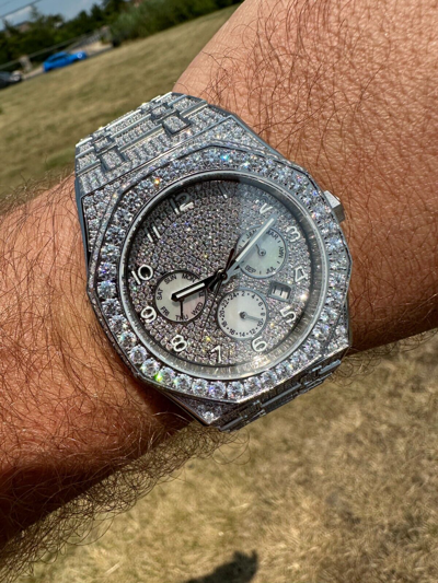Pre-owned Hip Hop Real Moissanite Mens Watch Iced Skeleton Back 44mm  Passes Diamond Tester