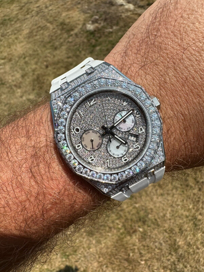 Pre-owned Hip Hop Real Moissanite Mens Watch Iced Skeleton Back 44mm  - White Silicone Band