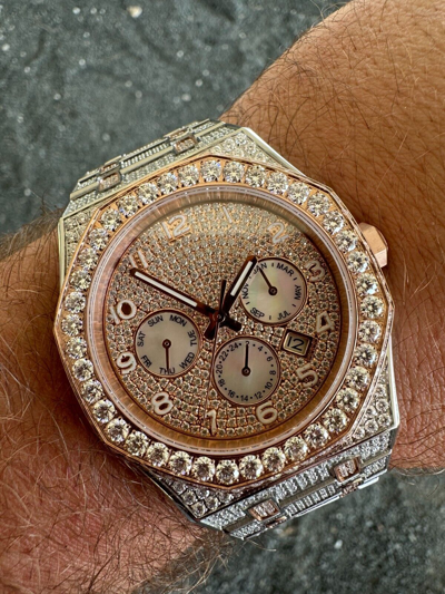Pre-owned Hip Hop Real Moissanite Mens Watch 14k Rose Gold Two Tone Iced Skeleton Back