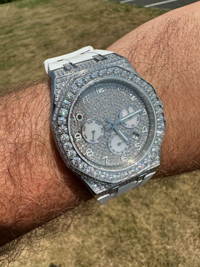 Pre-owned Hip Hop Real Moissanite Mens Watch Iced Skeleton Back 44mm  - White Silicone Band