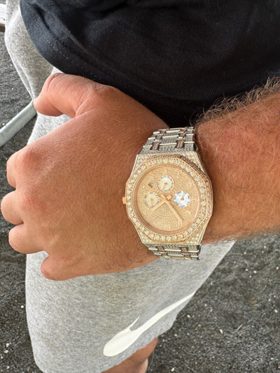 Pre-owned Hip Hop Real Moissanite Mens Watch 14k Rose Gold Two Tone Iced Skeleton Back