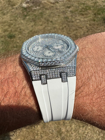 Pre-owned Hip Hop Real Moissanite Mens Watch Iced Skeleton Back 44mm  - White Silicone Band