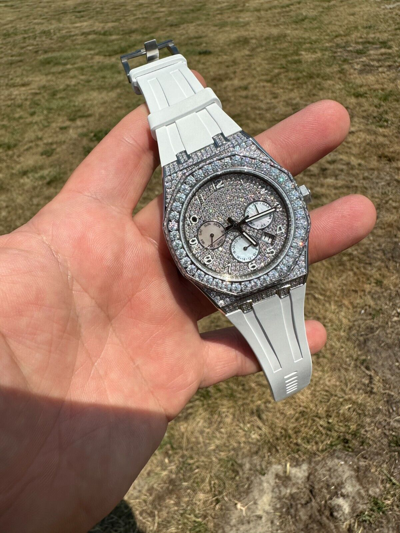Pre-owned Hip Hop Real Moissanite Mens Watch Iced Skeleton Back 44mm  - White Silicone Band