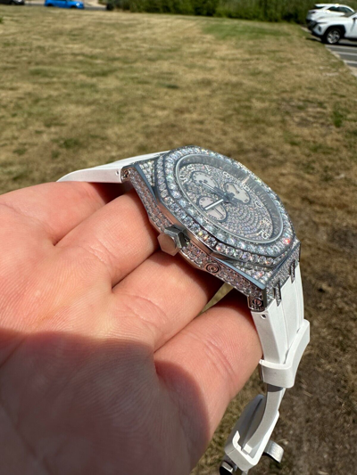 Pre-owned Hip Hop Real Moissanite Mens Watch Iced Skeleton Back 44mm  - White Silicone Band