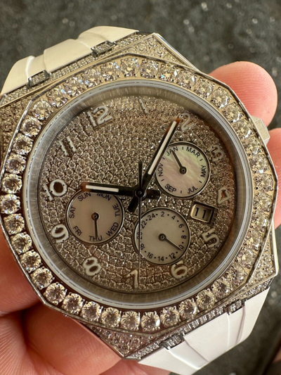 Pre-owned Hip Hop Real Moissanite Mens Watch Iced Skeleton Back 44mm  - White Silicone Band