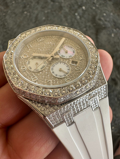 Pre-owned Hip Hop Real Moissanite Mens Watch Iced Skeleton Back 44mm  - White Silicone Band