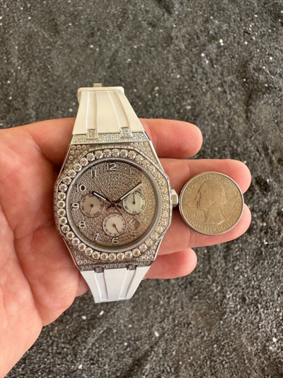 Pre-owned Hip Hop Real Moissanite Mens Watch Iced Skeleton Back 44mm  - White Silicone Band