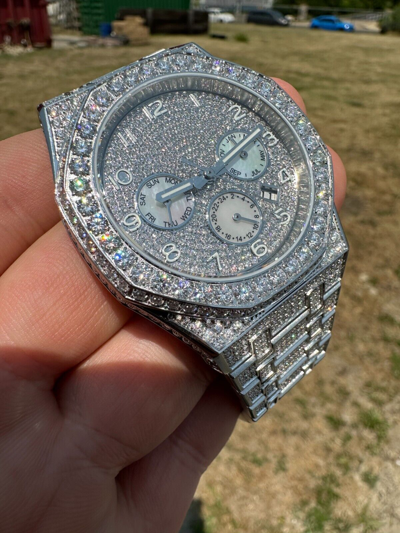Pre-owned Hip Hop Real Moissanite Mens Watch Iced Skeleton Back 44mm  Passes Diamond Tester