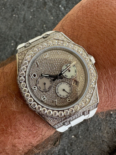 Pre-owned Hip Hop Real Moissanite Mens Watch Iced Skeleton Back 44mm  - White Silicone Band