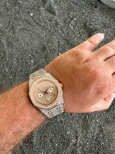 Pre-owned Hip Hop Real Moissanite Mens Watch 14k Rose Gold Two Tone Iced Skeleton Back