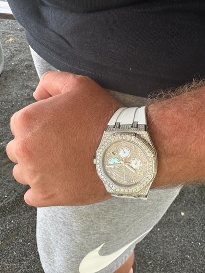 Pre-owned Hip Hop Real Moissanite Mens Watch Iced Skeleton Back 44mm  - White Silicone Band