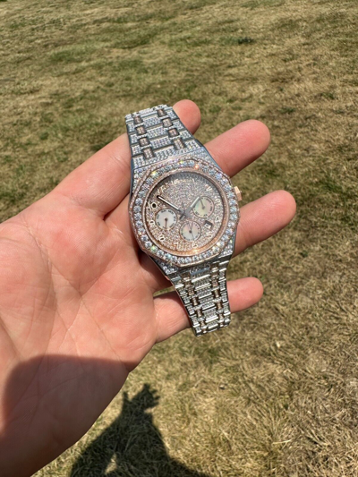 Pre-owned Hip Hop Real Moissanite Mens Watch 14k Rose Gold Two Tone Iced Skeleton Back
