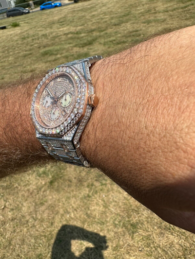 Pre-owned Hip Hop Real Moissanite Mens Watch 14k Rose Gold Two Tone Iced Skeleton Back