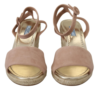 Pre-owned Prada Shoes Wedges Sandals Ankle Strap Pink Suede Leather Eu40 / Us9.5 $1200usd