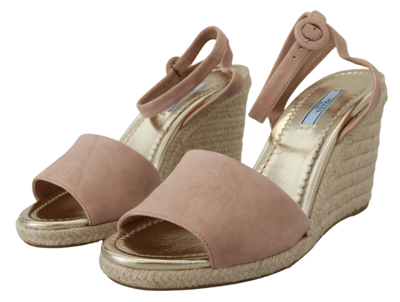 Pre-owned Prada Shoes Wedges Sandals Ankle Strap Pink Suede Leather Eu40 / Us9.5 $1200usd