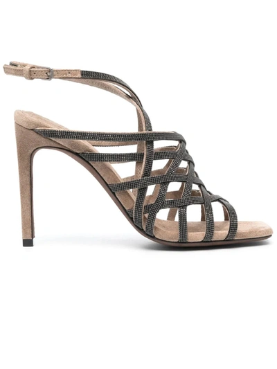 Shop Brunello Cucinelli Precious Net Heels In Suede In Grigio