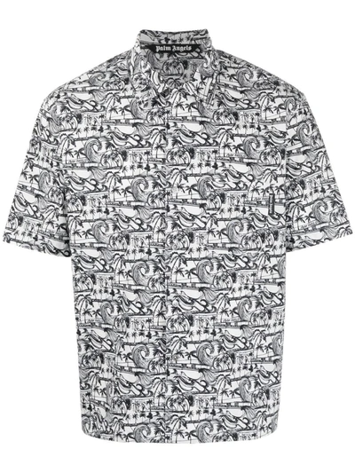 Shop Palm Angels Waves-print Bowling Shirt In Bianco+nero
