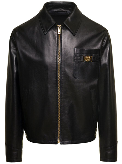 Shop Versace Blouson Leather Solid Leather + Embrodiery Inside In Black