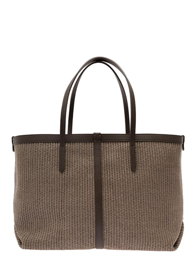Shop Brunello Cucinelli Beige Tote Bag With Monile Detail In Woven Rafia Woman In Grey