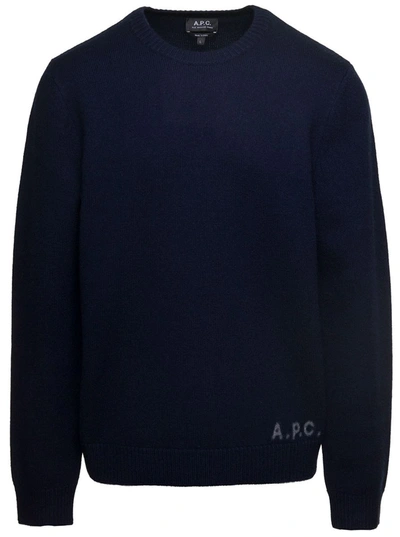 Shop Apc 'edward' Blue Crewneck Sweater With Embroidered Logo In Wool Man