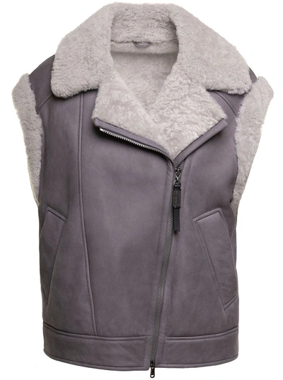Shop Brunello Cucinelli Grey Shearling Vest With Side Zip And Monili Detail Woman