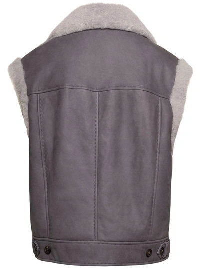 Shop Brunello Cucinelli Grey Shearling Vest With Side Zip And Monili Detail Woman