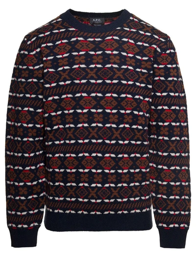 Shop Apc 'john' Multicolor Crewneck Sweater With Intarsia Knit In Wool Man In Blu
