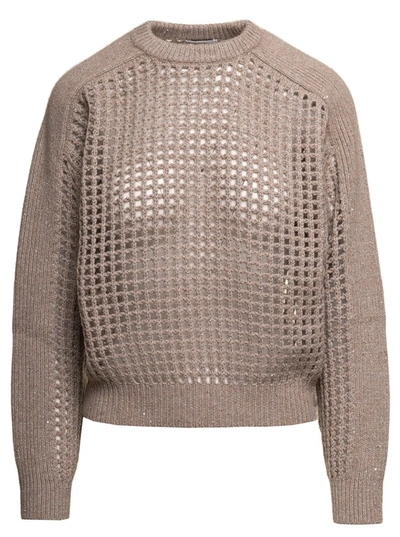 Shop Brunello Cucinelli Beige Open-work Knit Sweater With All-over Mini Paillettes In Wool And Cashmere Woman