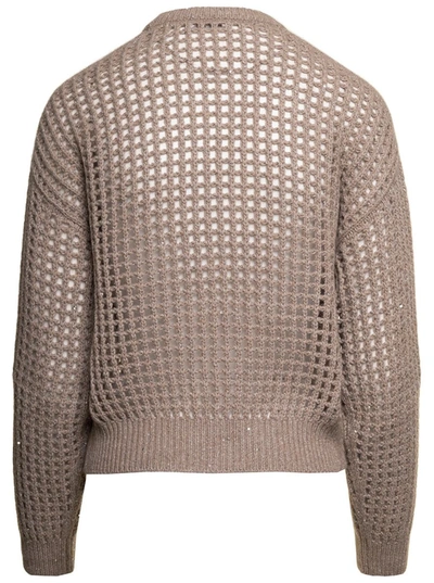 Shop Brunello Cucinelli Beige Open-work Knit Sweater With All-over Mini Paillettes In Wool And Cashmere Woman