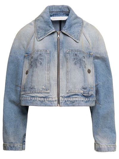 Shop Palm Angels Paris Lw Cropped Denim Jacket In Blu