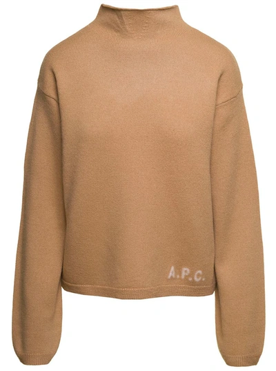 Shop Apc Beige Mock Neck Sweater With Embroidered Logo In Wool Woman