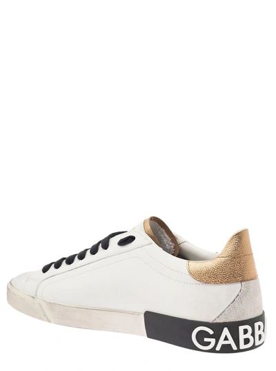 Shop Dolce & Gabbana 'portofino' White Low Top Sneakers With Logo Patch And Used Effect In Leather Man