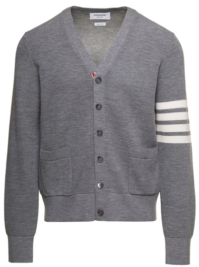 Shop Thom Browne Waffle Stitch High V Neck Cardigan In Fine Merino Wool W/ 4 Stripe In Grey