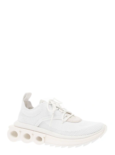Shop Ferragamo 'nima' White Low Top Sneakers With Gancini Detail In Mixed Materials Woman