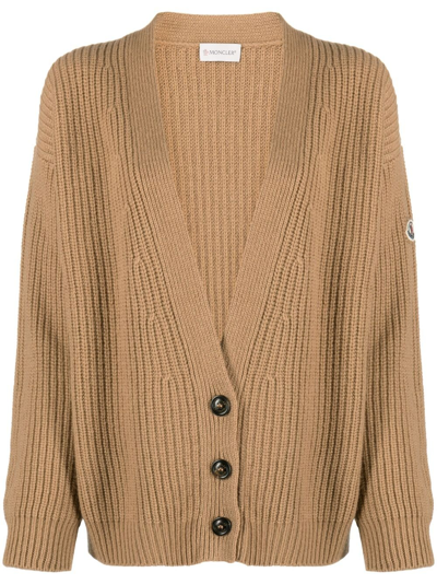 Shop Moncler Brown Logo Patch Ribbed-knit Cardigan