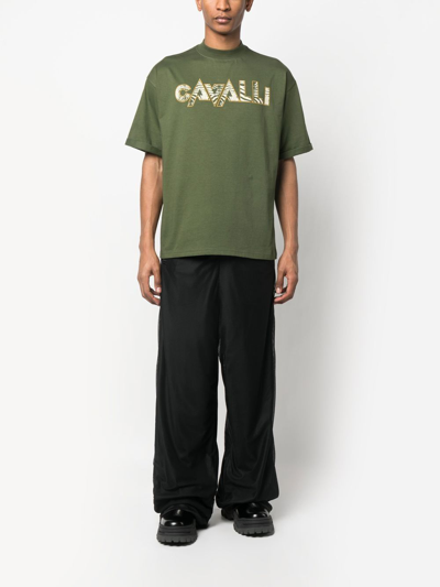 Roberto Cavalli Zebra-print Logo T-shirt In Green