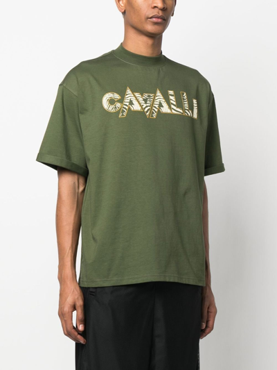 Roberto Cavalli Zebra-print Logo T-shirt In Green