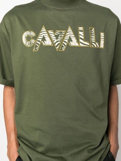 Roberto Cavalli Zebra-print Logo T-shirt In Green
