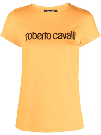 Shop Roberto Cavalli Embroidered-logo Crew-neck T-shirt In Orange
